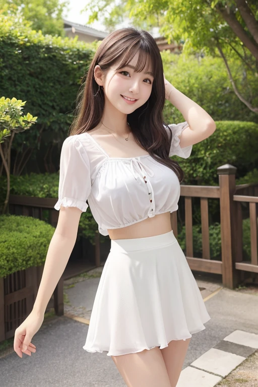 high resolution、Best image quality、Japanese、One Girl、Age 25、(Big Breasts、mega breasts)、White skin、cute、smile、Tight waist、Beautiful legs、thin脚、thin、Chiffon blouse、(mini skirt)、((Tight Skirt))、sunny