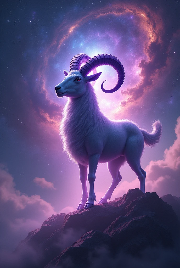 Create an epic image of capricorn zodiac sign symbol with purple glowing effects, and set against a cosmic background filled with stars, nebulae, and swirling galaxies.