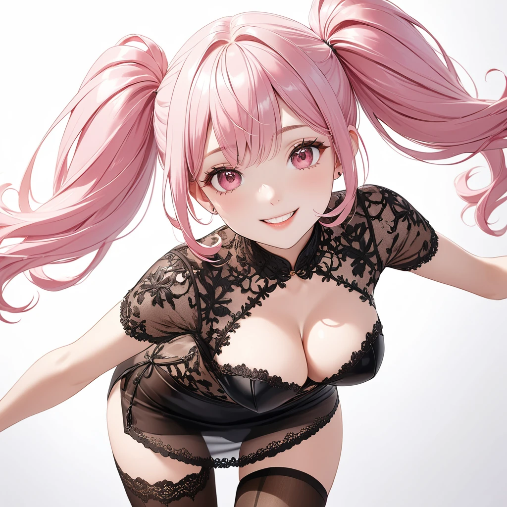 (8K, masutepiece, Best Quality, Official art, beautiful lighting, The best masterpiece in history that exceeds limits, beautiful detailed), (1 Girl, Solo), (sixteen years old), (beautiful detailed face), (shiny white skin), (Beautiful big bust, cleavage, thighs:1.3), (beautiful detailed pink twin tails hair, Bangs:1.3), (beautiful detailed drooping pink eyes:1.5), (black china dress costume, short length tight slit skirt, black see through lace, black garter stockings:1.3), (happy smile:1.2), (Attractive, sensational, Look at the camera, cute pose), (simple plain white background:1.5),