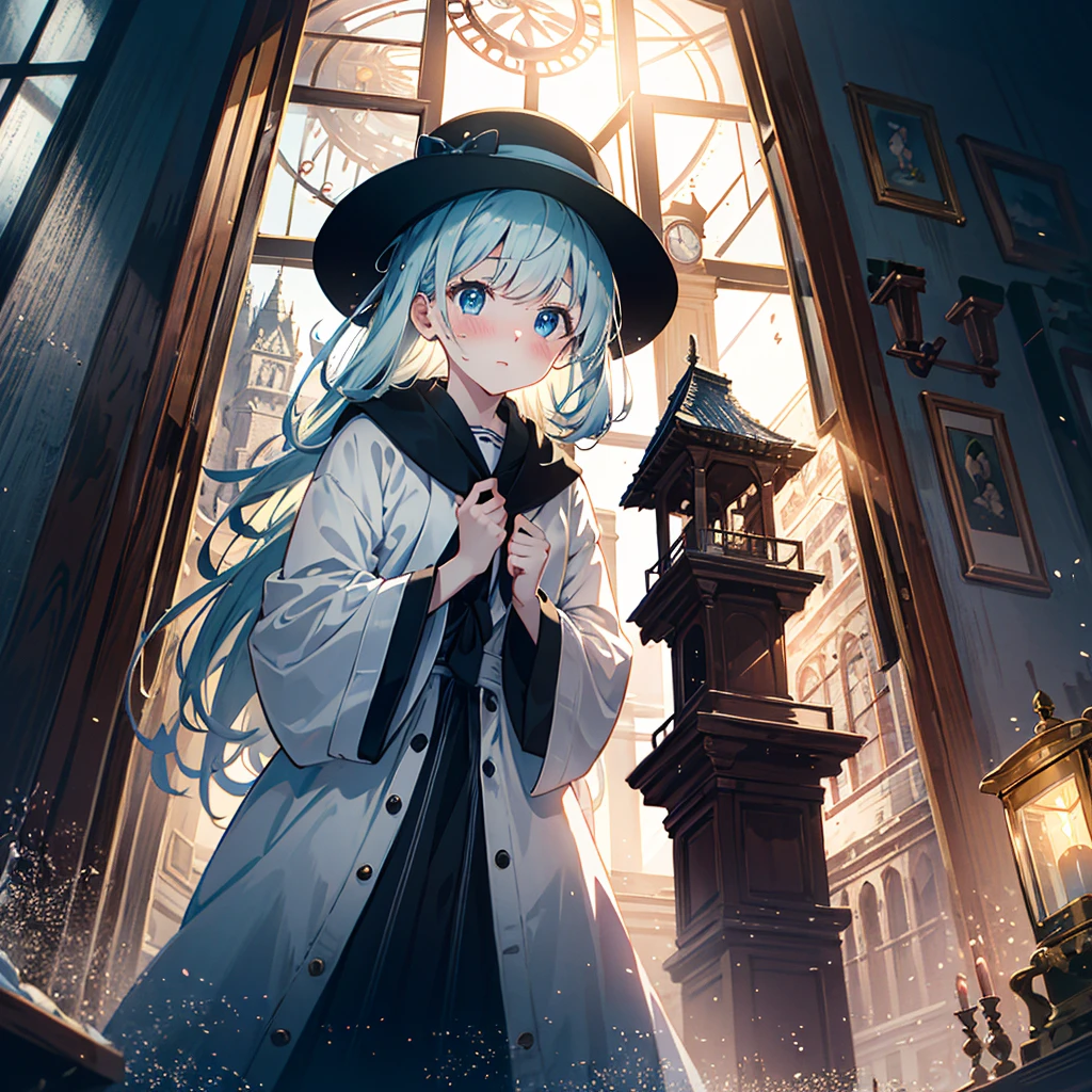 Masterpiece, top quality, ultimate detail, pale tone, light color illustration, cinematic angle, alone, girl, very beautiful, cute, adorable, embarrassed, surprised expression, alone, black hat, blue eyes, robe, long sleeves , a huge internal clock tower, many mechanical and delicate clocks, many gears, light particles, strong light, dynamic light, so beautiful, cute, adorable