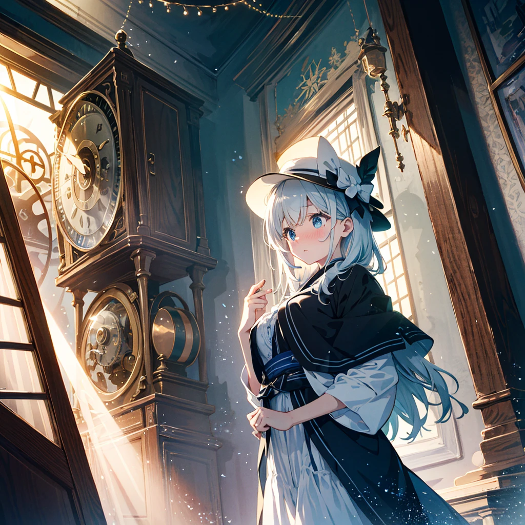 Masterpiece, top quality, ultimate detail, pale tone, light color illustration, cinematic angle, alone, girl, very beautiful, cute, adorable, embarrassed, surprised expression, alone, black hat, blue eyes, robe, long sleeves , a huge internal clock tower, many mechanical and delicate clocks, many gears, light particles, strong light, dynamic light, so beautiful, cute, adorable