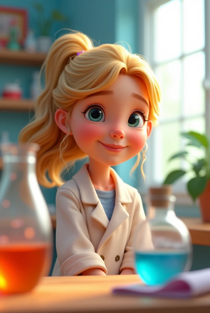 tender girl, wavy blonde hair, biochemistry, happy, create cartoon Pixar style