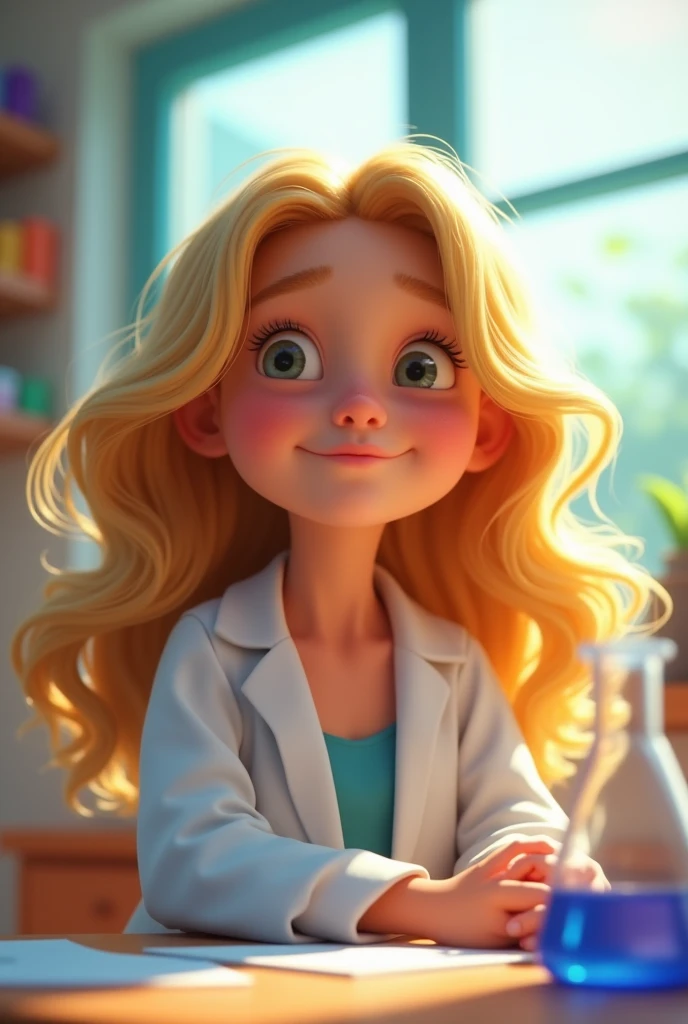 tender girl, wavy blonde hair, biochemistry, happy, create cartoon Pixar style 