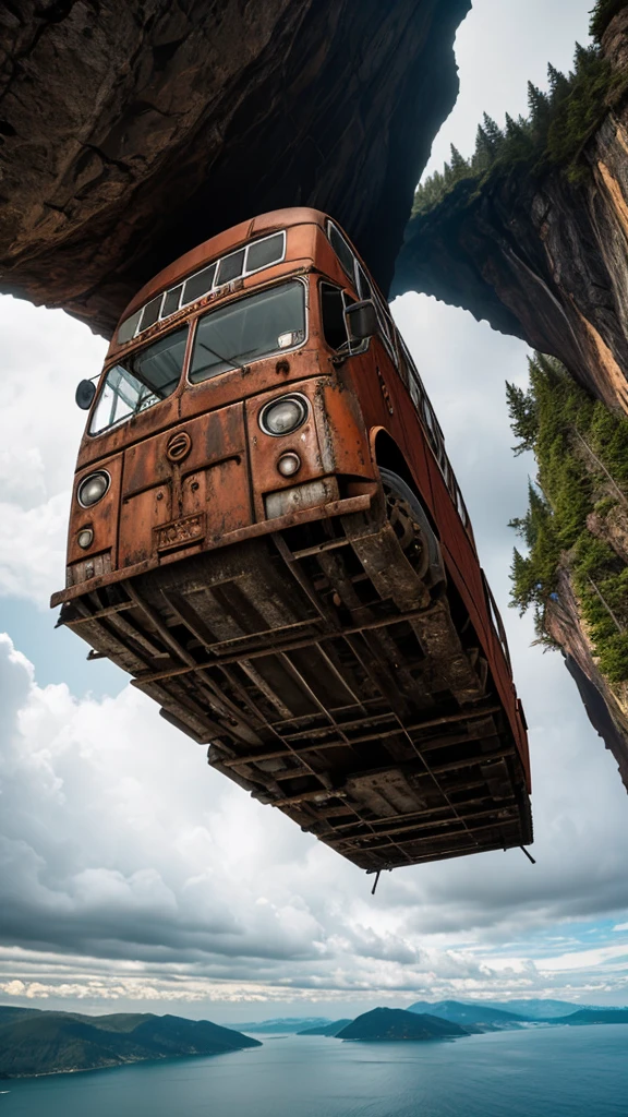 make a very real picture of a rusted long bus being stuck on a very high cliff, scary scenery, hyper-realistic, 16k