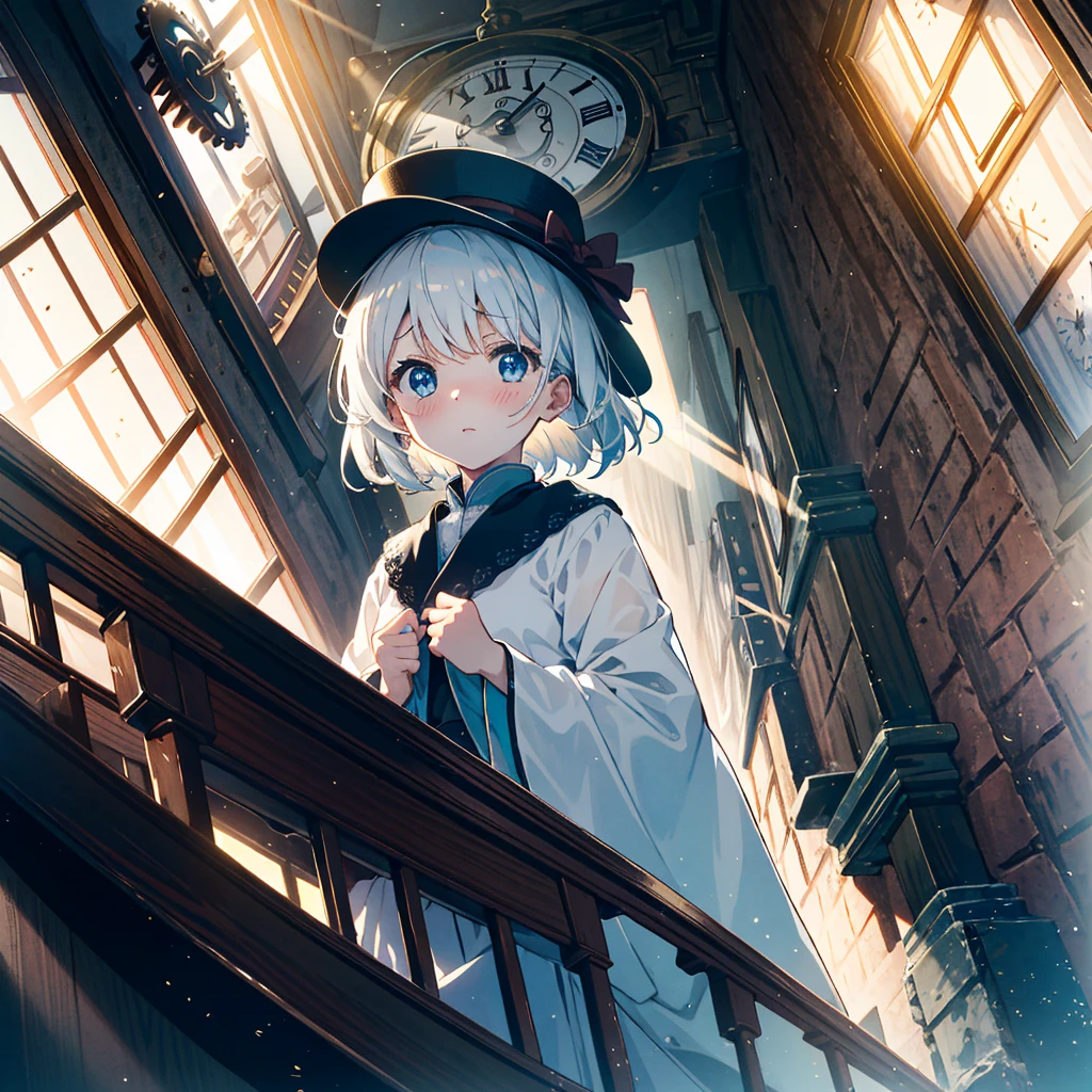 Masterpiece, top quality, ultimate detail, pale tone, light color illustration, cinematic angle, alone, girl, very beautiful, cute, adorable, embarrassed, surprised expression, alone, black hat, blue eyes, robe, long sleeves , a huge internal clock tower, many mechanical and delicate clocks, many gears, light particles, strong light, dynamic light, so beautiful, cute, adorable