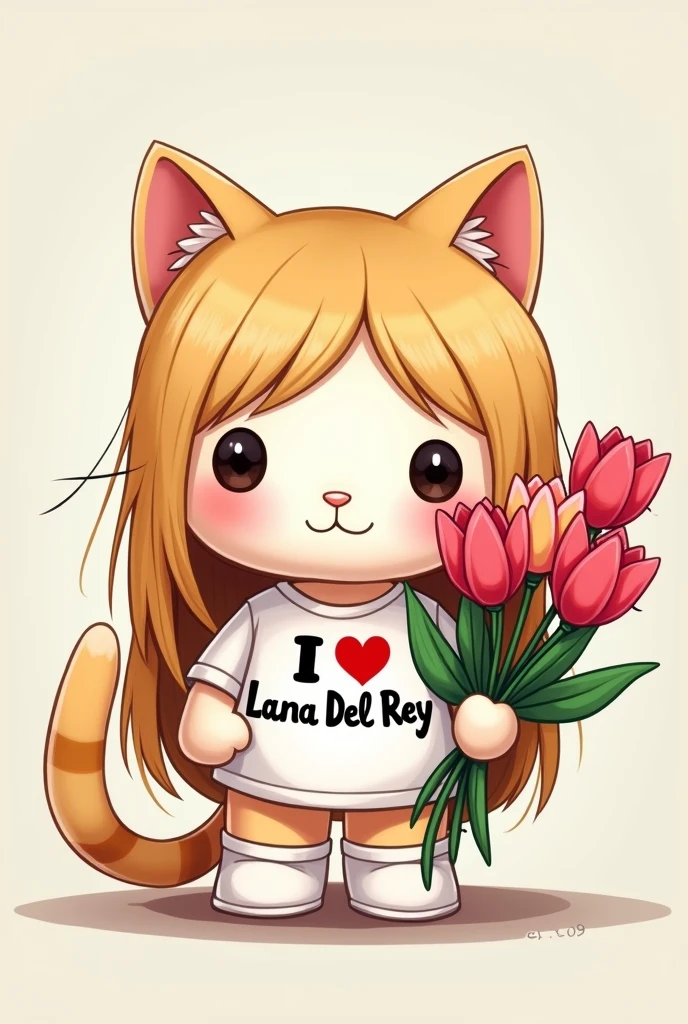 Hello Kitty with long straight hair, She has a shirt on that says I love Lana del Rey and a bouquet of tulips