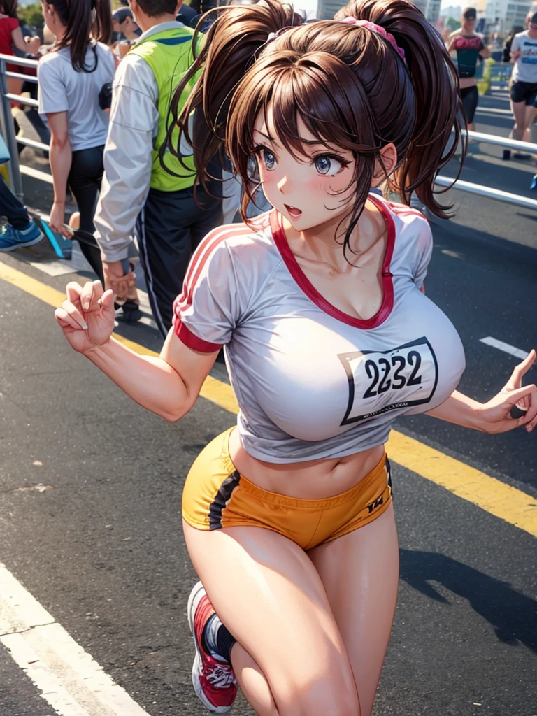 Big breasted solo female running a 24 hour marathon, ponytail,