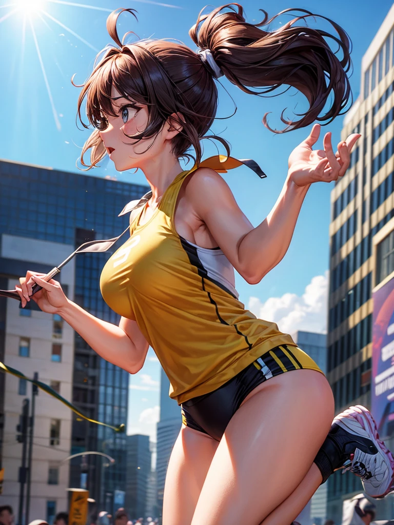 Big breasted solo female running a 24 hour marathon, ponytail,