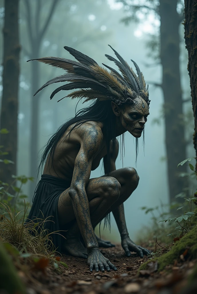 Generate a highly detailed and atmospheric scene of a mystical forest creature crouching in a misty woodland setting. The creature has an otherworldly appearance, with intricate body paint resembling cracked earth, and wears elaborate feathered adornments, including a headdress made of dark and light feathers. The creature's face is partially masked, with sharp, angular features and intense, almost haunting eyes. The environment around is dense with fo with tall trees and a moody, ethereal ambiance, emphasizing the creature's connection to the mystical forest