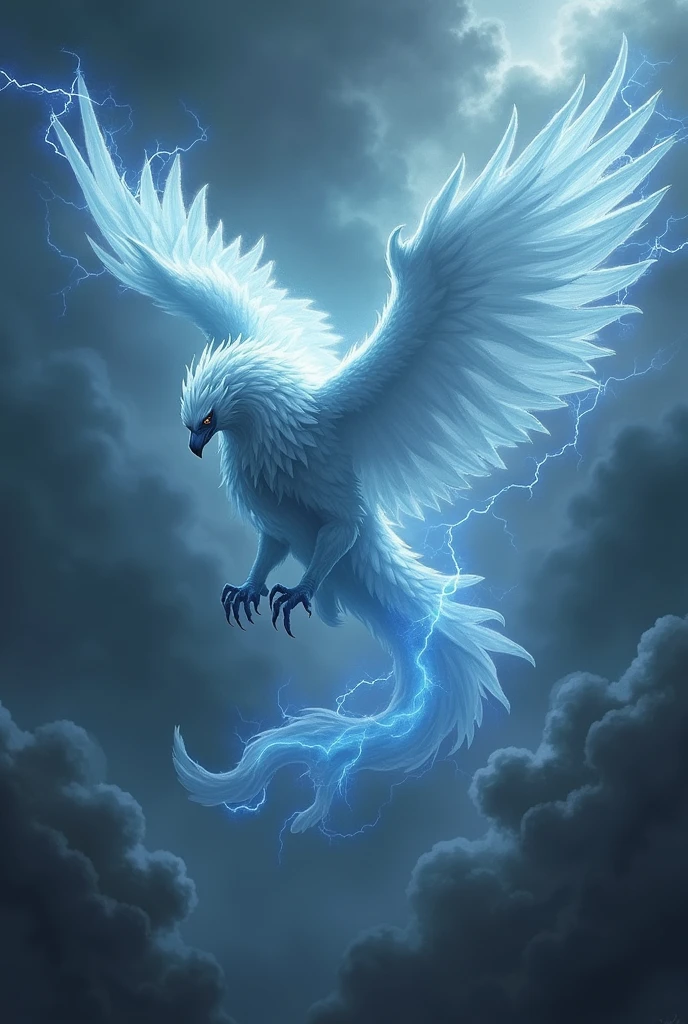 A giant griffin made of smoke,The edges of the wings flash with blue electricity,Flying in the stormy sky with lightning and thunder。