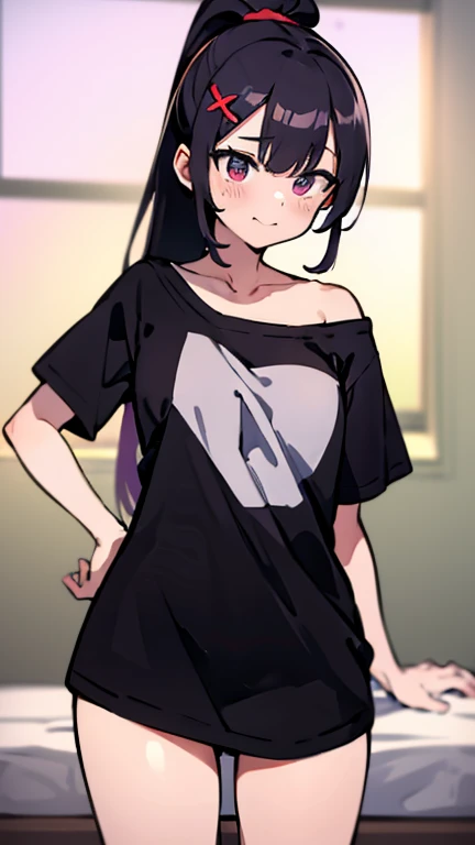 High tail hairstyle, one Ponytail hairstyle, Ponytail hairstyle,white hair, Long wavy black hair, standing posando, anime girl style, pixel art anime style,penetrating look with deep eyes,red and purple eyes, hair with a ponytail hairstyle trapped with a big red bun, women, red hair clips, x color shaped hair clips , smiling face blush, next to his bed, Black hair, thighs grandes, NSFW, from below, neckline, looking at the viewer, lascivious smile, ((oversized t-shirt)), off the shoulders, without pants, washing machines, thighs, ((White T-shirt)), standing, hands on the hips,Hair down to the back, thighs grande, big ass