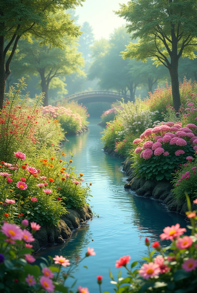 flowers next to the river, garden 