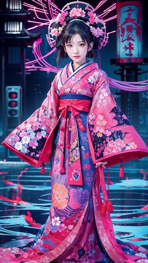 Japanese traditional dress, Katsushika Hokusai Style, (cyberpunk) (neon)