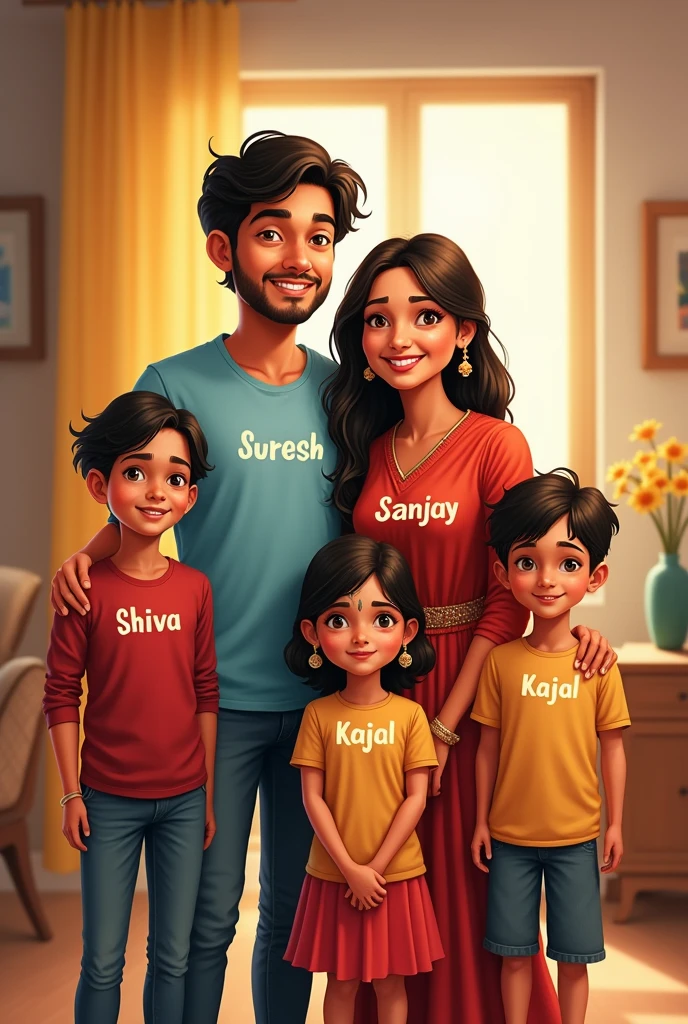 Two husband and wife, husband's chest should have Suresh written on it and wife's chest should have Mamta written on it. They should have two children, one should have Sanjay written on his chest and the other should have Shiva written on his chest. They should also have a daughter, on whose chest should be Kajal written.