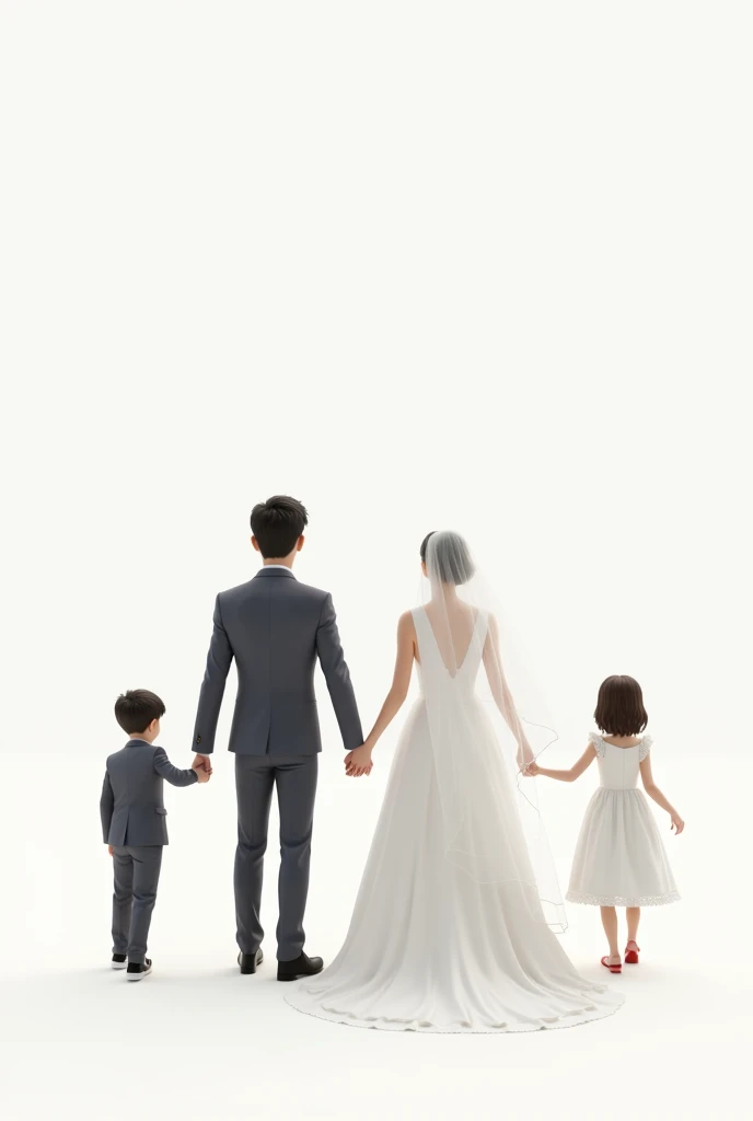 un couple de mariés de dos avec 2 enfants : un et une fille. Un masulin et une feminin. . Fond totalement blanc. la mariée tient le marié par le dos