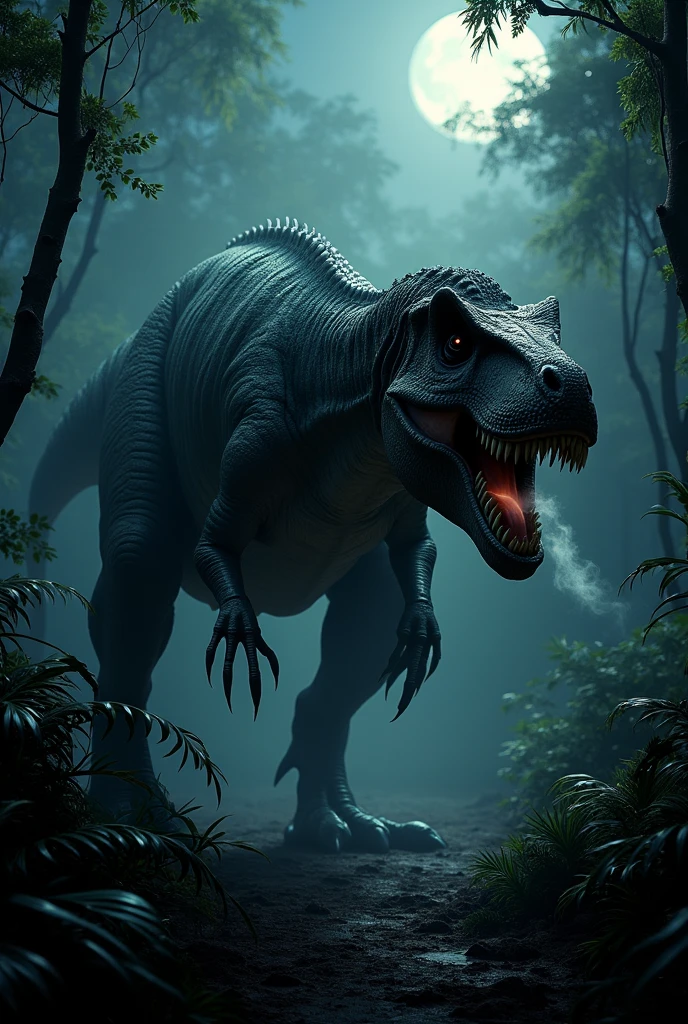 frightful Tiranossauro Rex com listras negra na floresta africana de noite. Terror. frightful. fear.