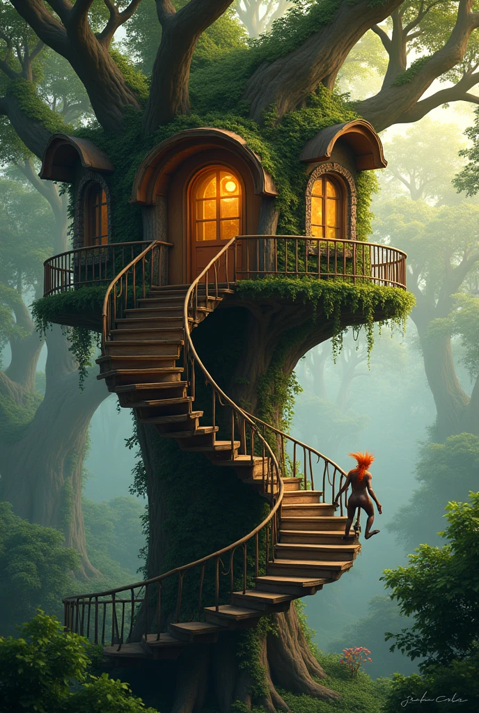 Curupira climbing spiral staircases in a tree house in a forest