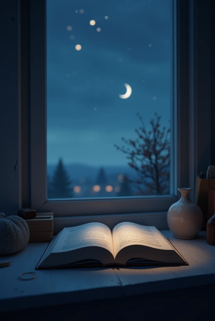 a closed book near a window at night