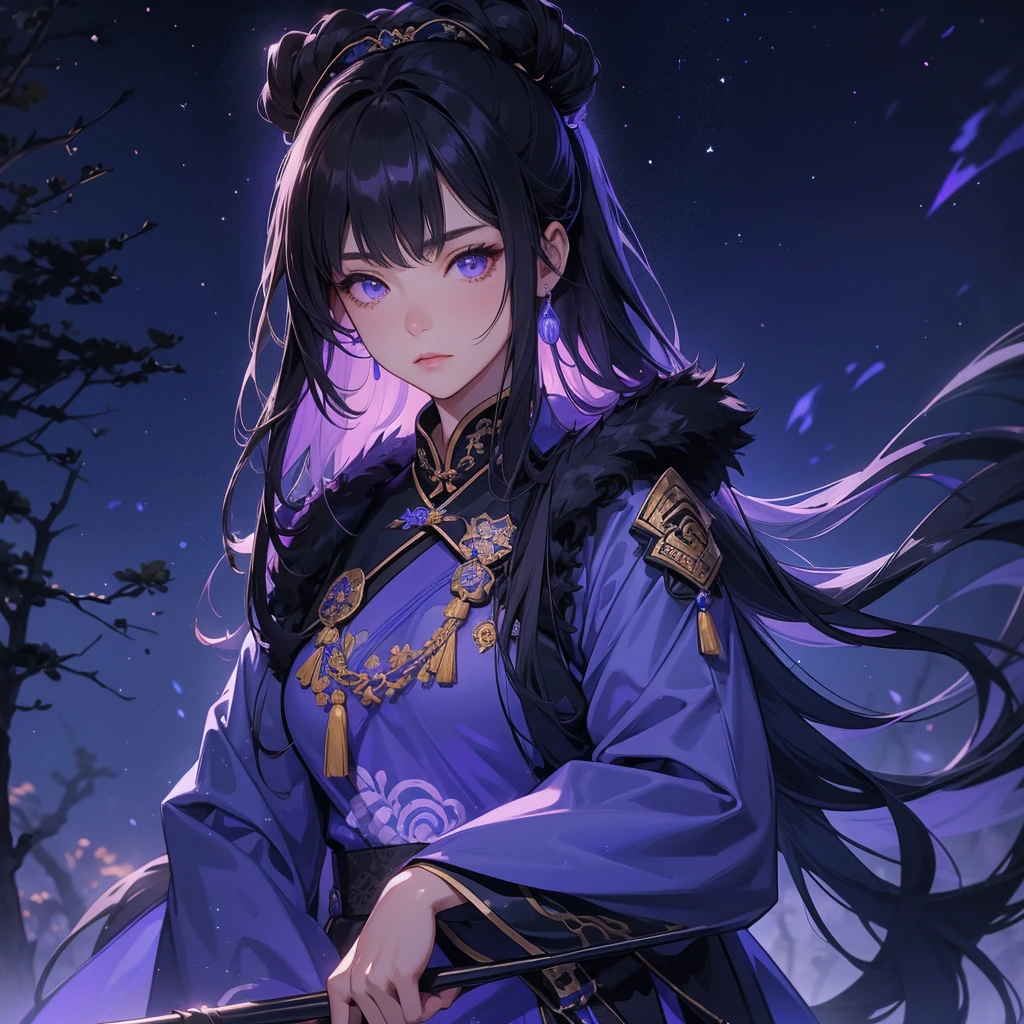 A beautiful female general holding a big spear in black-blue ancient Chinese general costume, background is a dark moonless night, with dry trees in the background, and purple glowing light, close up.
