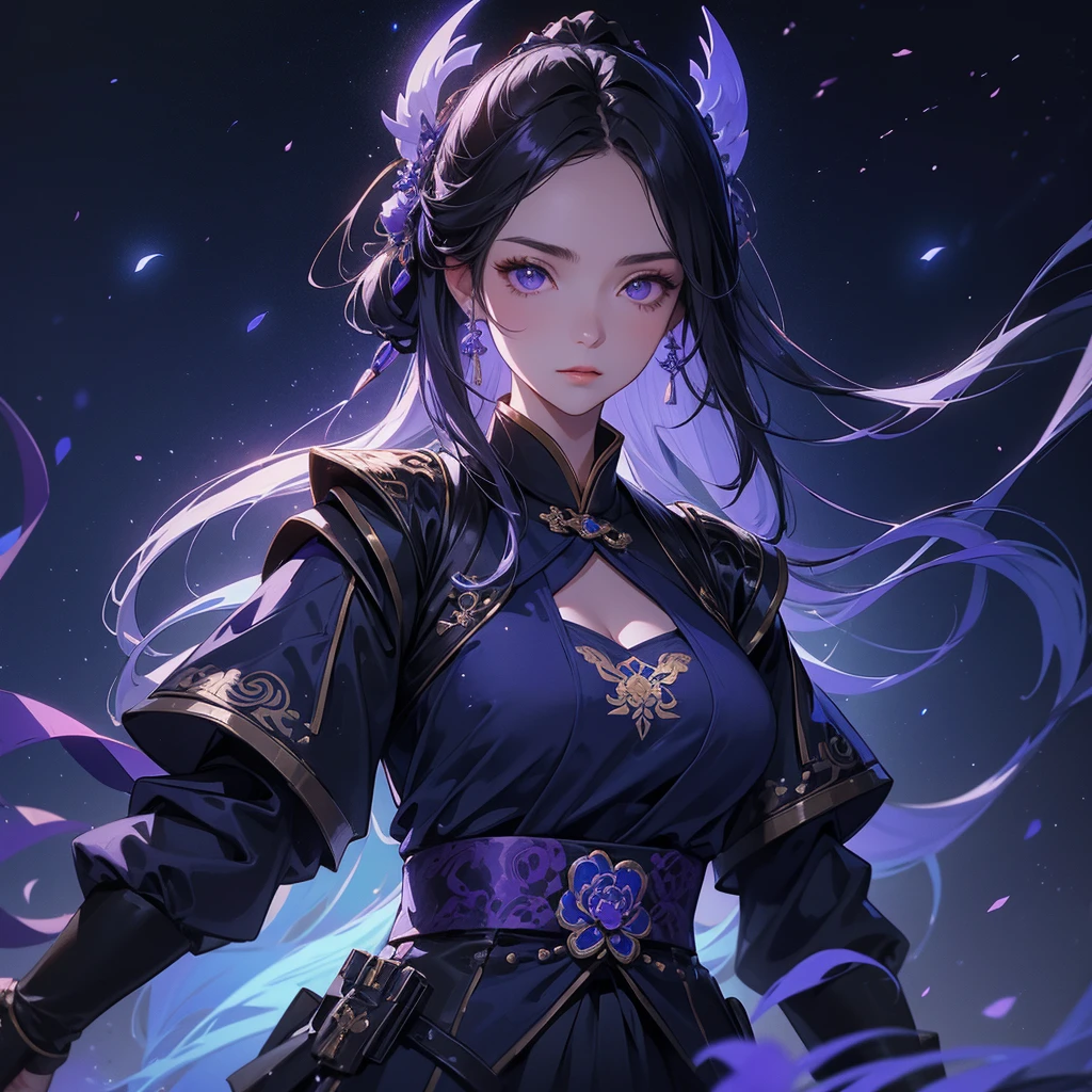 A beautiful female general holding a big spear in black-blue ancient Chinese general costume, background is a dark moonless night, with dry trees in the background, and purple glowing light, close up.