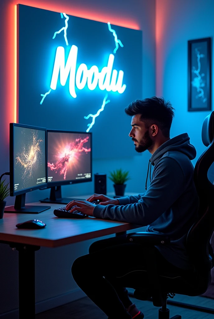 A man in gaming room and a lightning name on wall called moon madhu