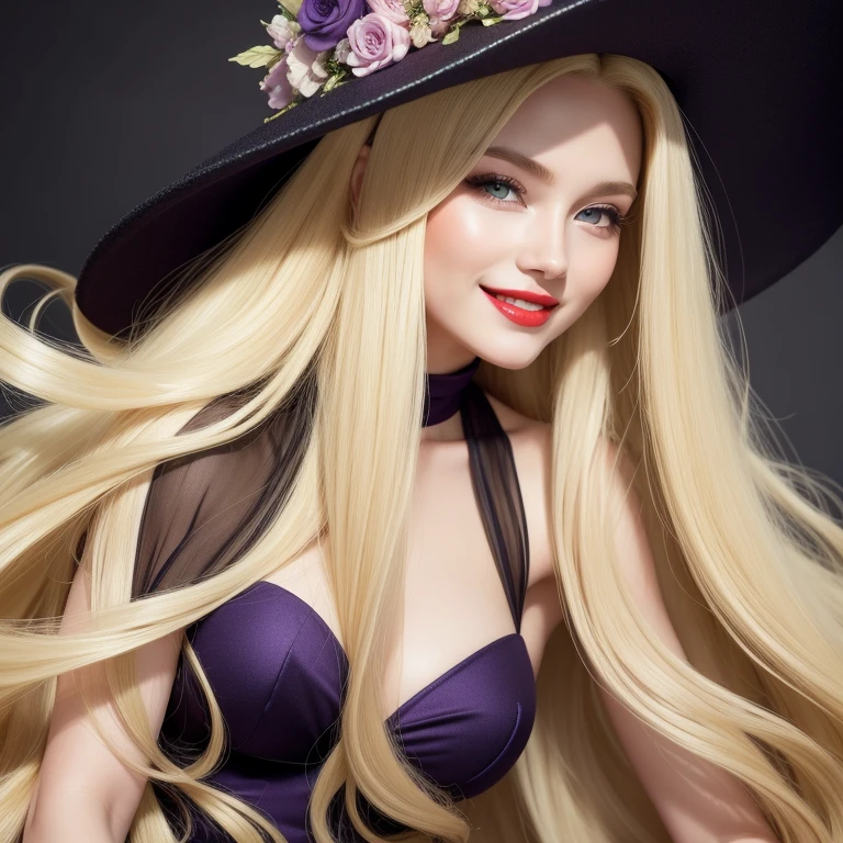 Curvy body,muscular stomach ,perfect face, red lips, green eyes,long black hair with very long blonde hair, super long blonde hair with very super long black hair, large hair, huge hair, woman wearing purple waisted mermaid dress, flowers hat, macro photography, macro lens, close-up, highly detailed ,Beautiful laughing woman smile 