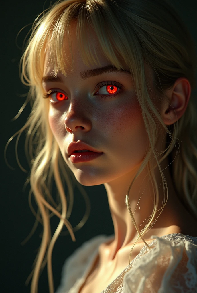 1 girl, Sternauge, blush, perfect illumination, Blonde Worm, red eye, unreal engine, side light, detailed face, bangs, light skin, simple backround, dark background, complete body
