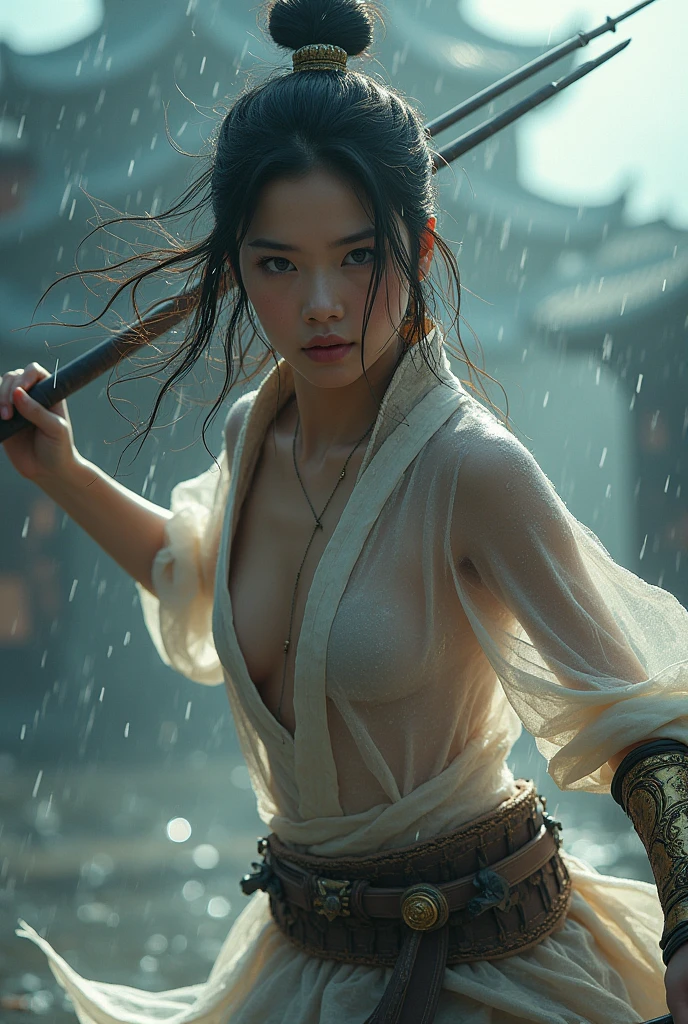 Young Asian military commander(Firm eyes,Delicate facial features,Flowing long hair),Sexy transparent armor(No underwear,Transparent silk,Vacuum naked breasts),Sexy transparent silk battle robe,Sweaty breasts are faintly visible,Carl Zeiss 35mm telephoto lens,Unreal Japanese castle dizzy backlight,Raindrops floating in the air,Female warrior leaps into the air wielding a spear,Water droplets splashed everywhere,Rain soaked armor,Intimate and transparent clothing
