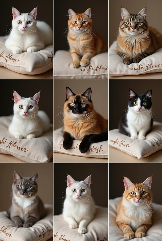 Collage of 9 pictures. Each picture shows a photo of a purebred cat. On the pillows of the brand "Night flower" written in French in a beautiful font, luxury beautiful light