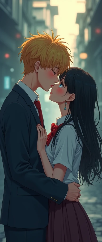 (32K:1.9, Realistic:1.9, Highest quality, masterpiece, Ultra-high resolution), Perfect dynamic composition:1.3, Highly detailed skin and facial textures:1.3, Cute sexy slim Japanese schoolgirl, (Slimman, Height about 180cm), (They both close their eyes, A man hugs and kisses a woman:1.3), Fair skin, ((Clarity:1.1)), (Man is anime「Marmalade Boy」Wearing a wonderful uniform:1.3, Bright yellow hair, beautiful目:1.3), (The woman is wearing a uniform with a light blue tie..:1.3, Straight black hair.:1.3, smile:0.9, A man completely charms a woman:0.9, beautiful Blue Eyes, beautiful, Clear Eyes:0.8), Sexy Face:0.4, blush:1.1, (beautifulエロティシズムを醸し出す雰囲気:0.8), Professional random camera work, Cinematic Lighting Effects, (Full Body Shot), (Too erotic), romantic, mysterious, Object of admiration, original, dramatic, artistic, Innovative, charm, Heartful, Fancy, Tilt, sense of loss, special, exciting, Extreme, sense of openness, joy, joyの表現, ((若さのcharm, 女性的なcharm))