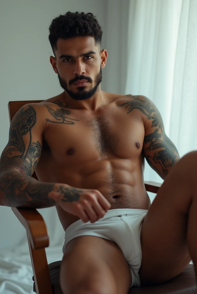 A young Puerto Rican man with a strong muscular beard and a full beard with tattoos on his arms and legs lying in white underwear on a chair, posing on bed, mid shot of a handsome guy, striking a hot and majestic pose, male sexy, caio santos, masculine pose, the extremely hot and sexy, very sexy pose, super hot and sexy, look sexy at the camera, beautiful young man, beautiful young man