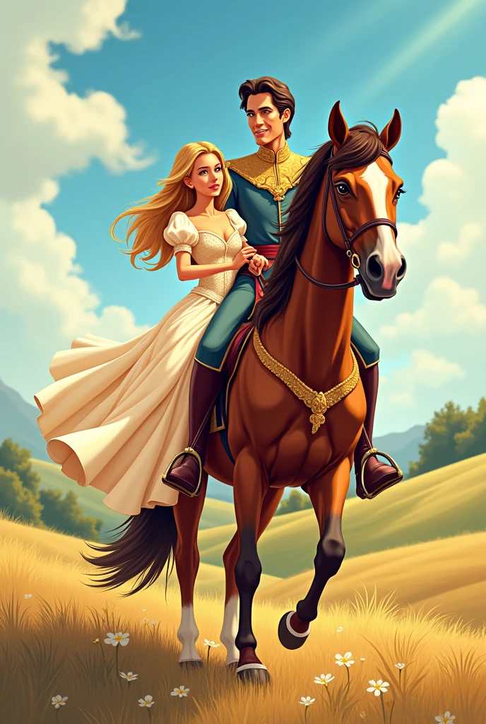 Vector drawing of a girl wearing a princess dress behind a prince and they are looking forward and riding a horse and showing their full bodies in the picture Disney style drawing line art colored vector drawing