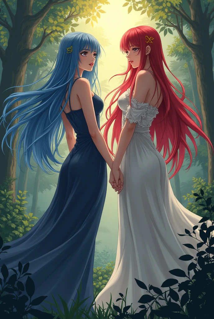 Ram and Rem anime, sexy, , the forest, twilight, girl on the right red hair, girl on the left blue hair, , Long Folos, after