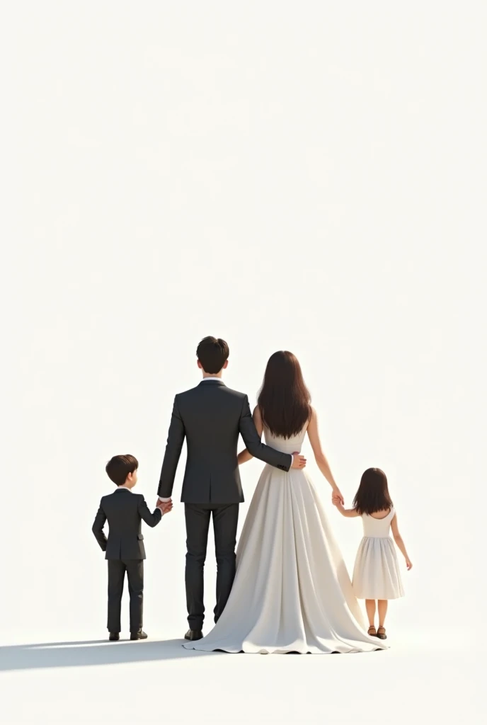 un couple de mariés de dos avec  2 enfants : un  et une fille. Un masulin et une feminin. . Fond totalement blanc. la mariée tient le marié par le dos
