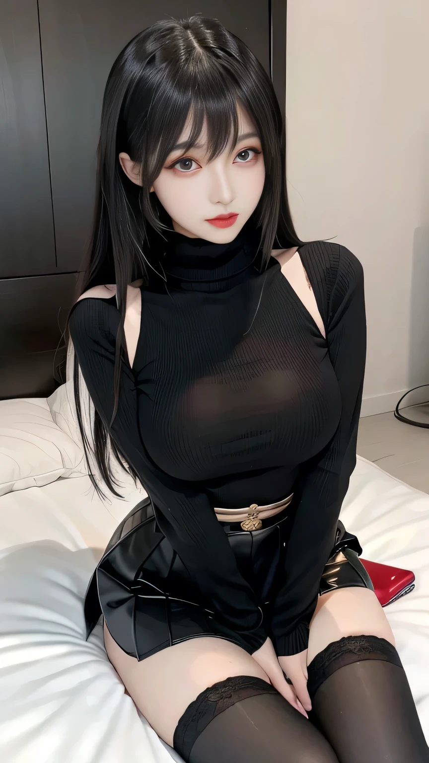 Ultra-detailed、Japanese、attractive beauty、seductive young skinny woman、pretty thin woman、piercing eyes、cool girl、long black hair, swept bangs、turtleneck sweater tucked in, high waisted skirt, black hose, sexy pire, fangs, glowing red eyes, Evil cadres、evil depravity、brainwash、mind control、apply lipstick、smirk、Evil expression、evil、empty eyes、evil、contrapposto、Hypnosis、brainwashing、makeup brush, large breasts,lothing, cute posture, back arching sexy, O mouth, nny thin hourglass shape, evil mistress smirk, sepose, Japanese mistress, hair highlights,mpossible skinny hourglass figure, beautiful Japanese idol goddess, long high-waist skirt, pantyhose, full body shot