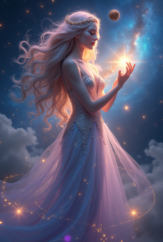 (Galaxy Goddess:1.2), (Heavenly Man:1.2), Starry skin, Flowing rainbow hair, ((masterpiece:1.4, Highest quality)), ((masterpiece, Highest quality)), (Photorealistic:1.4), 1 Goddess, (Sacred female figures), ((Shining Star)), Swirling Nebula, Calm expression, (distant galaxy:1.2), Space costume, ((Stardust Gown, Constellation pattern, Celestial Symbols)), ((Floating asteroid:1.2)), shooting star, Shining Northern Lights, Rich colors, Deep Blues, purple, Gold and Silver Tips, Harmonious composition, Magic, Otherworldly, The beauty of space, Sexy pose,Clean look, Professional Lighting, Physically Based Rendering, Mysterious, Majestic, Rich details, Perfect image quality