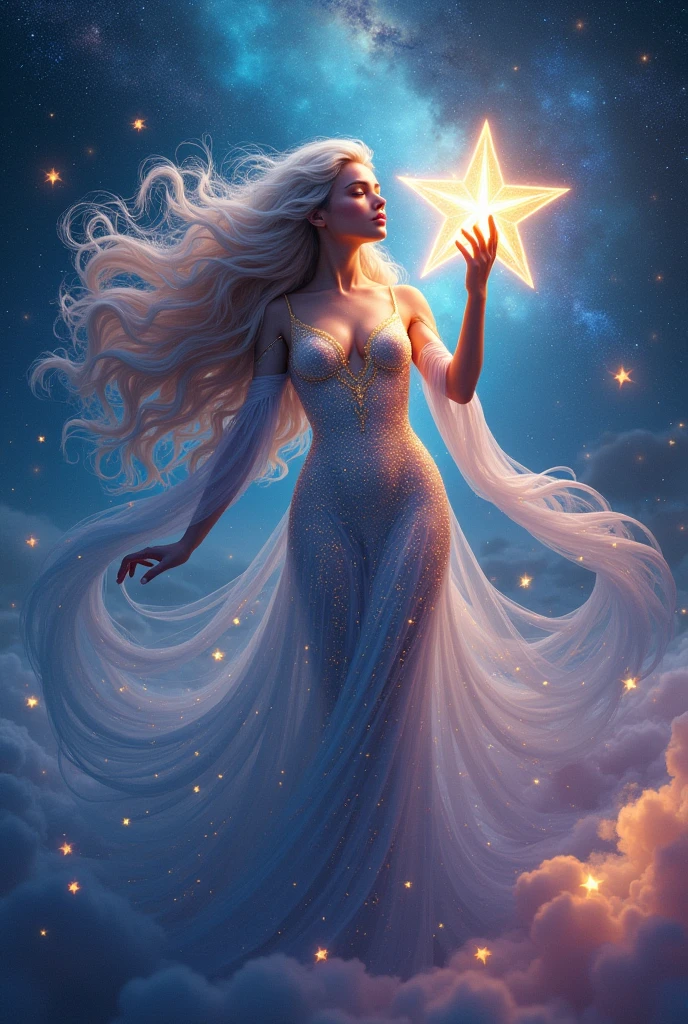 (Galaxy Goddess:1.2), (Heavenly Man:1.2), Starry skin, Flowing rainbow hair, ((masterpiece:1.4, Highest quality)), ((masterpiece, Highest quality)), (Photorealistic:1.4), 1 Goddess, (Sacred female figures), ((Shining Star)), Swirling Nebula, Calm expression, (distant galaxy:1.2), Space costume, ((Stardust Gown, Constellation pattern, Celestial Symbols)), ((Floating asteroid:1.2)), shooting star, Shining Northern Lights, Rich colors, Deep Blues, purple, Gold and Silver Tips, Harmonious composition, Magic, Otherworldly, The beauty of space, Sexy pose,Clean look, Professional Lighting, Physically Based Rendering, Mysterious, Majestic, Rich details, Perfect image quality