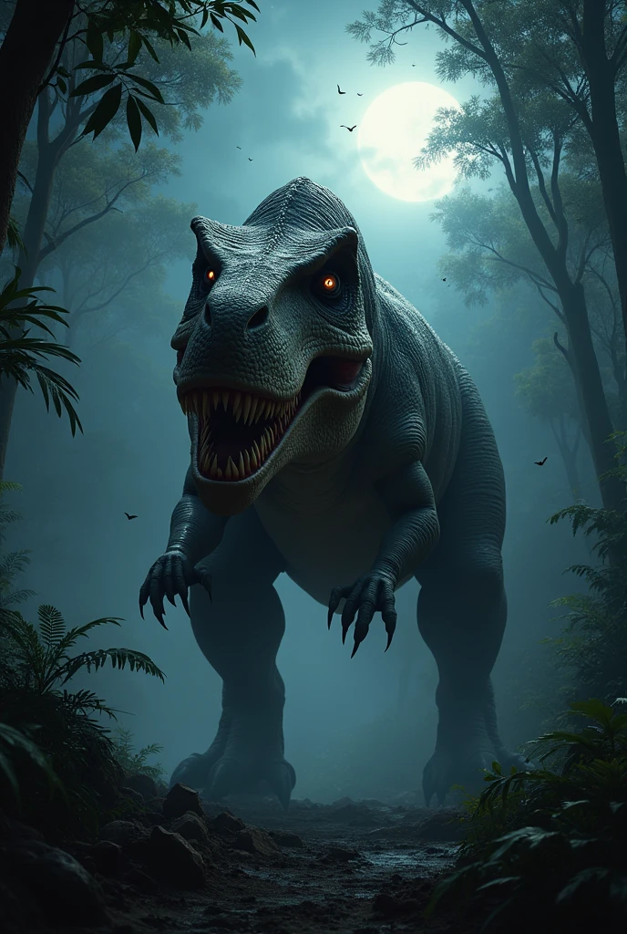 frightful Tiranossauro Rex com listras negra na floresta africana de noite. Terror. frightful. fear.