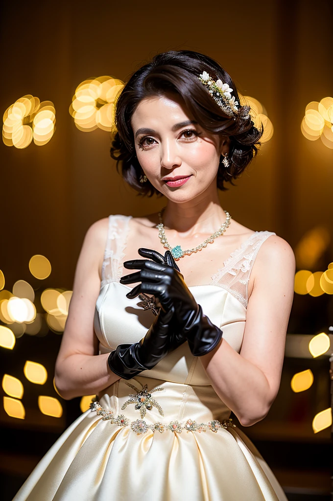 ((Masterpiece)), ((Best Quality)), A middle-aged short-hair woman, ((She is wearing an ornamental short length wedding dress)), She is wearing gloves on her hands., outdoor, She is wearing a big necklace, There are fireworks behind her.