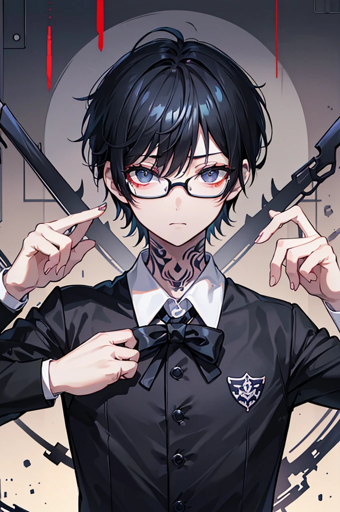 (Tabletop), (Highest quality), (8k)、Very detailed, male1 person、Focus Only,Black jacket、scary look、Sparkling Eyes、(Black Eyes:1.4)Muscular、Shortcuts、male、Tough、scary、Face tattoos、Tattoo on the arm、blood droplets、Scratch marks on face、Macho、Black Hair、Black tie、Expressionless、short hair、Blue Mesh、Short Hair、Glasses、Neutral appearance、1 person