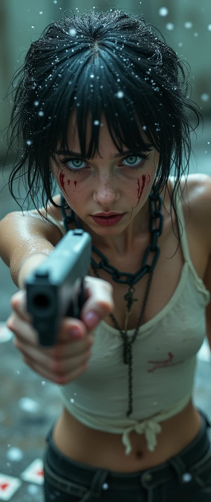 a beautiful white woman with black hair, western, Youngh, 20 year, short buzzcut style hair, (breasts big:2.0), she has a thin face, she has straight bangs down to her eyebrows, wavy and messy hair, she's pointing a gun at me, His eyes are teary, hunter's look, (sobbing:2.0), (tears:2.0), pale skin with visible veins, there are knife cuts on her skin, she has a piercing gaze with her sky blue eyes, she has thin lips and a wide mouth, she has freckles, long thin nose, the eyebrow is furrowed, thin eyebrow, your left eye is narrow, She wears a white tank top made of old rags and a thick chain wrapped around her neck., prison chain, her makeup is smudged, real image like a mirror, life like, uhd, hyper detailled, motion and depth blur, olhos hyper detailleds, It's snowing a lot, hair wet, wet face, falling snowflakes, particle blur near the camera, lensflare, she has bruised lips with red stain, her nose and cheek are red, reddish eyes, She's crouched on the floor, there are heavy chains on their feet, dirty floor with playing cards scattered around, ela usa um short jeans, I'm standing looking at her looking down at her, camera positioned above it, downblouse, decote rasgado exibindo seus breasts big, one of his hands holds a playing card and shows me