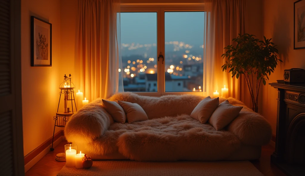 A warmly inviting room bathed in soft amber and warm lights, mirroring the tranquility of the outside world. The scene exudes chill, cozy, and relaxed vibes perfect for a LOFI music video. A plush, inviting sofa sits beneath a window streaming in city night lights casting a warm glow over a scattering of soft, inviting pillows. The room is adorned with gently flickering candles, creating a peaceful ambiance. This image,captures the essence of serenity and comfort, inviting viewers to unwind and lose themselves in its tranquil atmosphere.