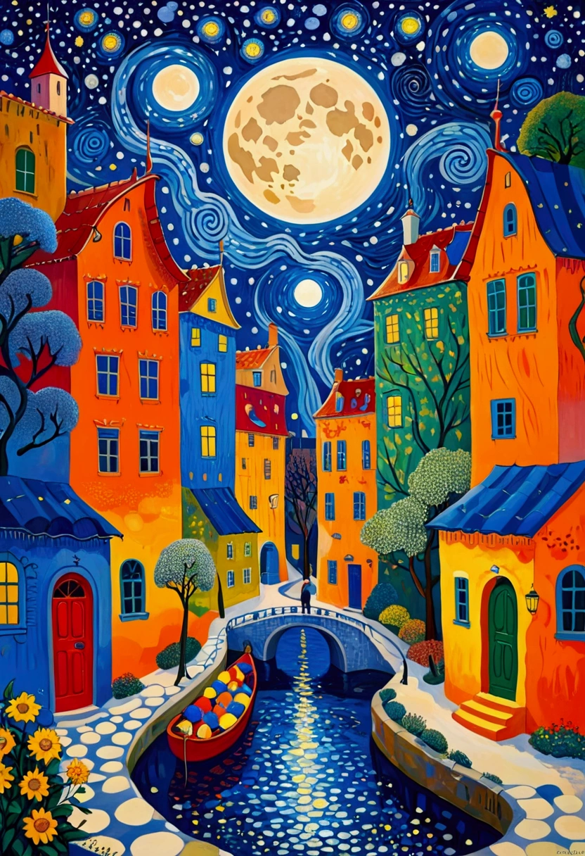 A painting depicting a night scene of a city and a full moon, author：Camille Bombois, author Jean Hey, Paul Signac (Paul Signac) of inspiration, 受到莫里斯·丹尼斯of inspiration, Inspired by Michel Delacroix, starry night, inspired author：Camille Bombois, 在starry night里, Inspired by Georges Lacombe, author Pierre Roy, Inspired by Marianne von Werefkin，inspired by Yayoi Kusama, Stanley Donwood
