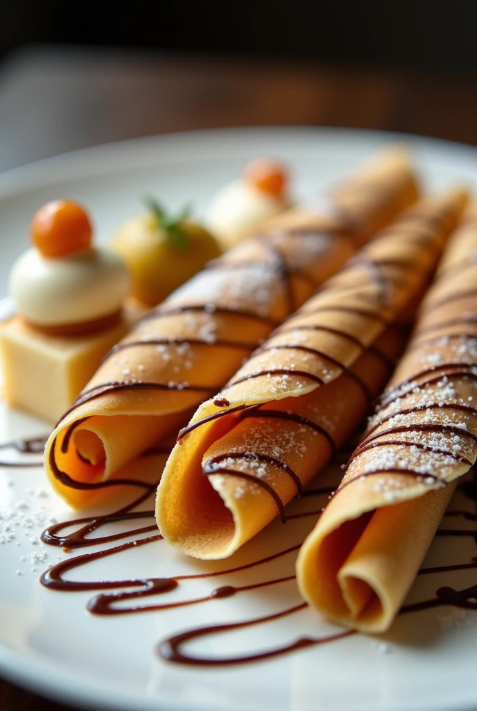 Un plateau de dessert dans laquelle nous avons des crêpes sucrées coupées en fin lamine, chocolate coated and mini pancakes with cake cut into small pieces