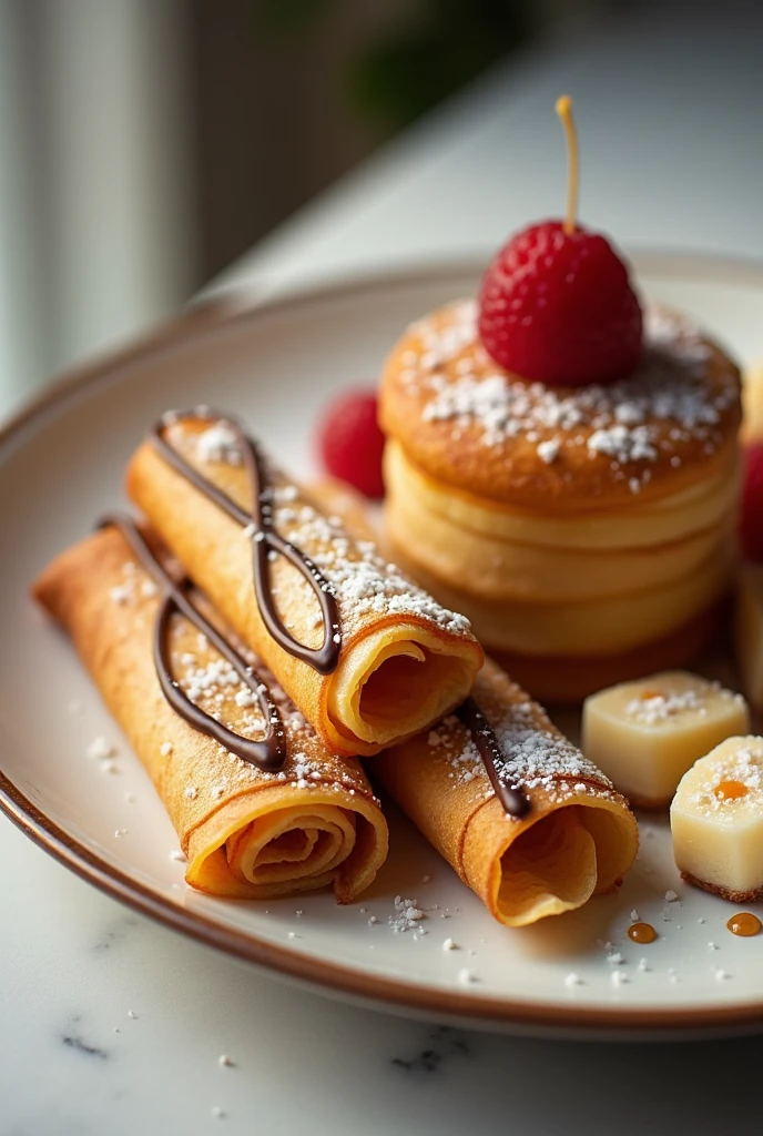 Un plateau de dessert dans laquelle nous avons des crêpes sucrées coupées en fin lamine, chocolate coated and mini pancakes with cake cut into small pieces 