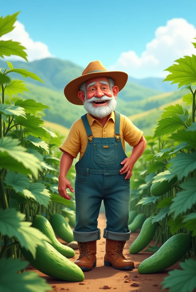 Create a realistic and cinematic cartoon farmer image in a cucumber garden