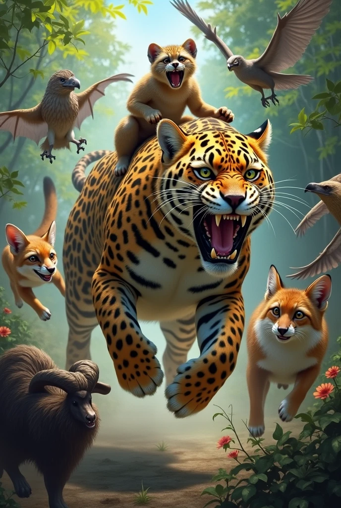 Make a picture of a marmoset riding a jaguar fighting a fox,a bat,a goat and an eagle with maximum fidelity 