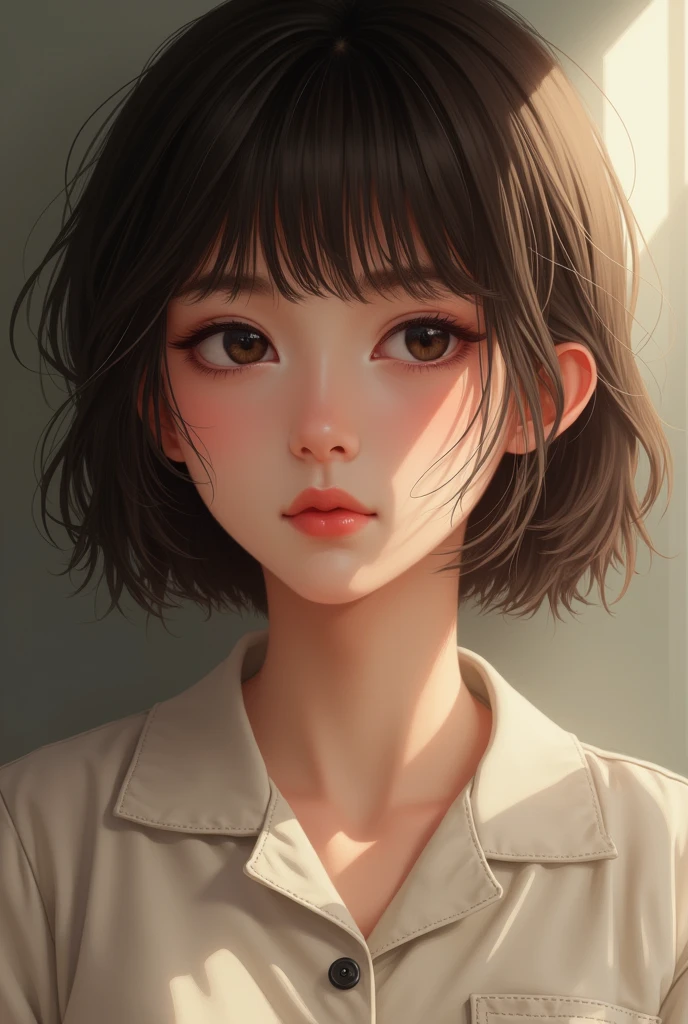 A face woman quiet realistic brunette with a little bit off button and dark eyes in a bright place and straight hair