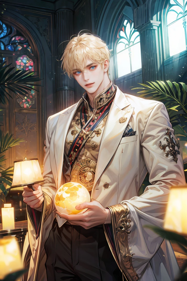 (absurdres, highres, ultra detailed, original character, HDR), 1 boy, solo, young man, handsome, ((tall muscular guy, broad shoulders)), finely detailed eyes, (light blonde hair), hair between eyes, crystal blue eyes, university uniform, ((large man breasts)), (cowboy shot), dutch angle, face focused, hong kong scenery, indoor, lightly smile, looking at viewer, depth of field, bokeh