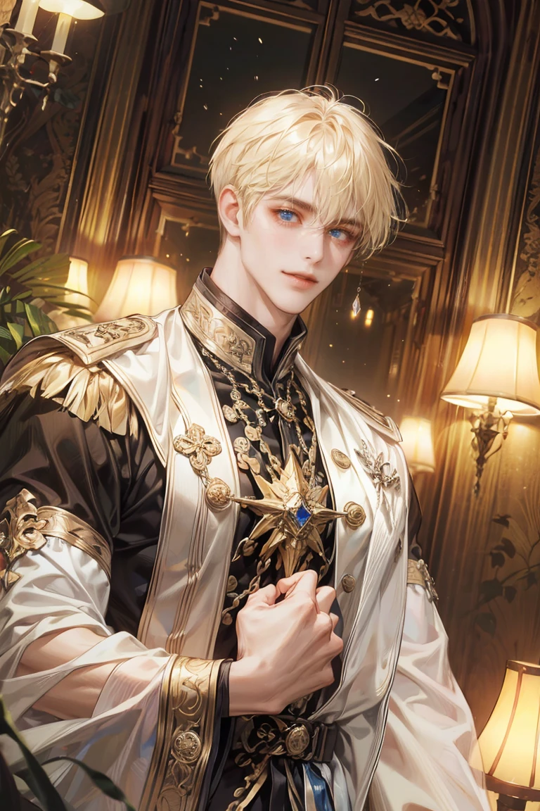 (absurdres, highres, ultra detailed, original character, HDR), 1 boy, solo, young man, handsome, ((tall muscular guy, broad shoulders)), finely detailed eyes, (light blonde hair), hair between eyes, crystal blue eyes, university uniform, ((large man breasts)), (cowboy shot), dutch angle, face focused, hong kong scenery, indoor, lightly smile, looking at viewer, depth of field, bokeh